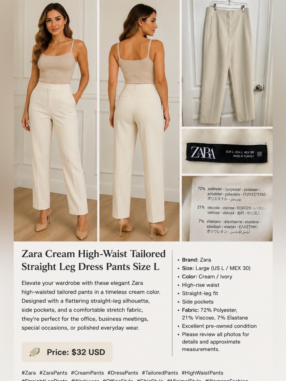 Zara Cream High-Waist Tailored Straight Leg Dress Pants Size L